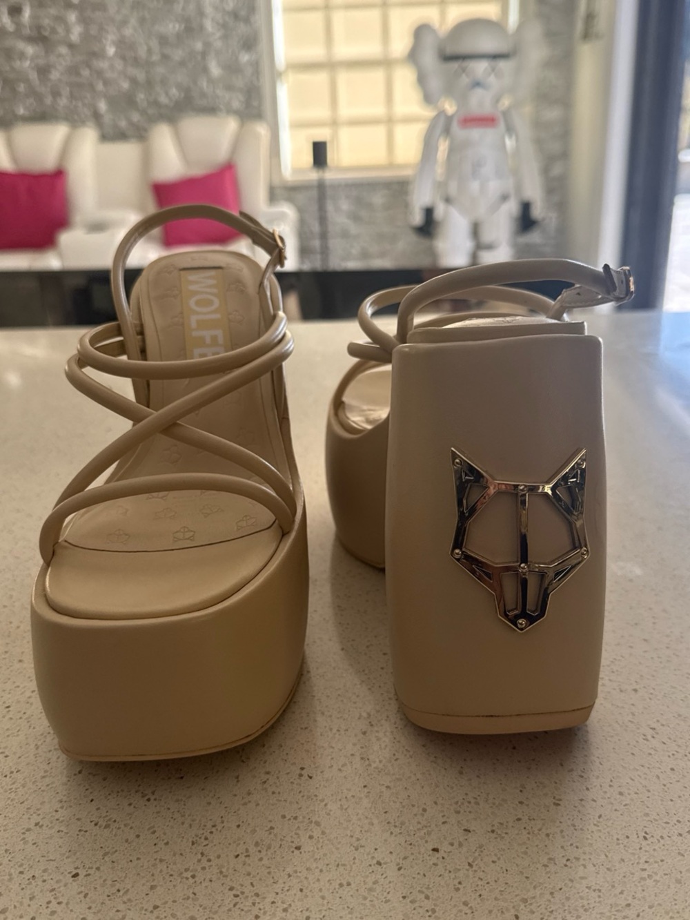 Wolford Beige Strappy Platform Sandals with Metallic Fox Emblem